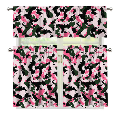 Pink Green And Black Camouflage Print 3 Piece Kitchen Curtains