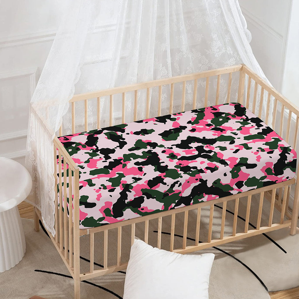 Pink Green And Black Camouflage Print Baby Crib Sheet