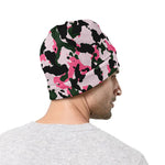 Pink Green And Black Camouflage Print Beanie