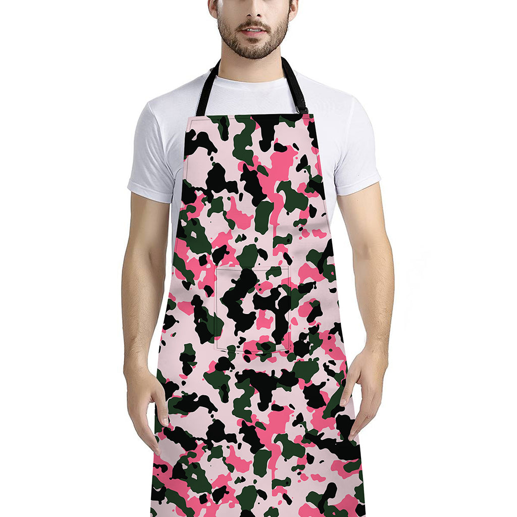 Pink Green And Black Camouflage Print Bib Apron With Pocket
