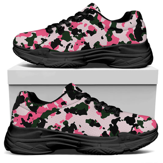 Pink Green And Black Camouflage Print Black Chunky Shoes