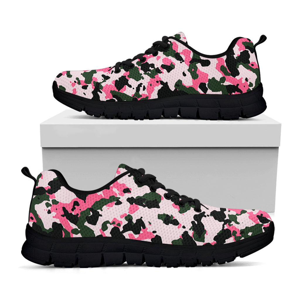Pink Green And Black Camouflage Print Black Running Shoes