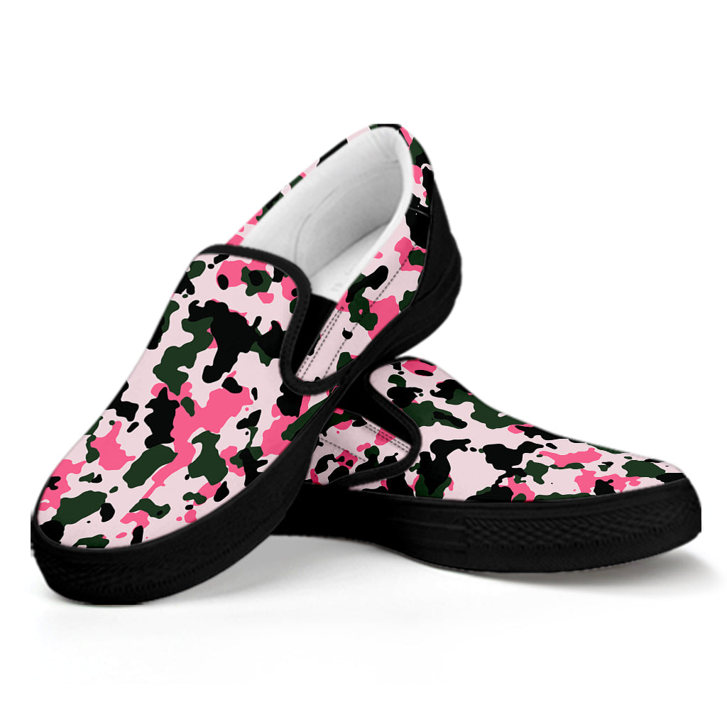 Pink Green And Black Camouflage Print Black Slip On Sneakers