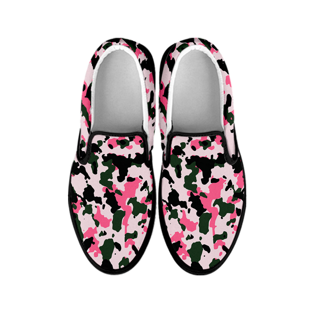 Pink Green And Black Camouflage Print Black Slip On Sneakers