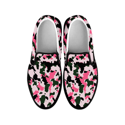 Pink Green And Black Camouflage Print Black Slip On Sneakers