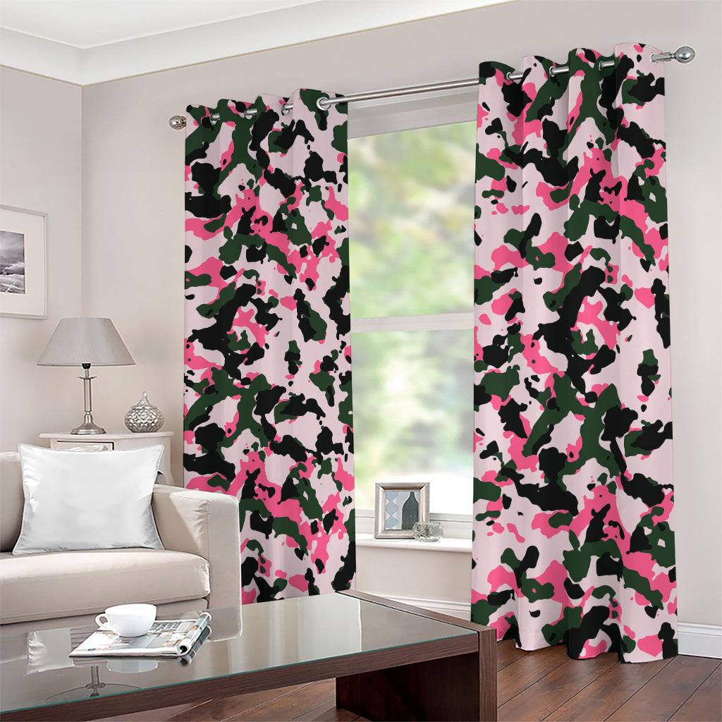 Pink Green And Black Camouflage Print Blackout Grommet Curtains