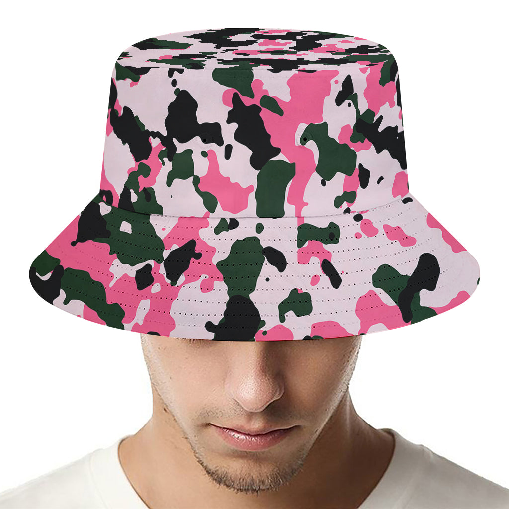 Pink Green And Black Camouflage Print Bucket Hat