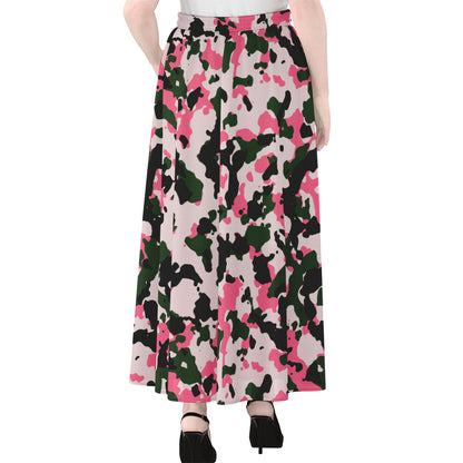 Pink Green And Black Camouflage Print Chiffon Maxi Skirt