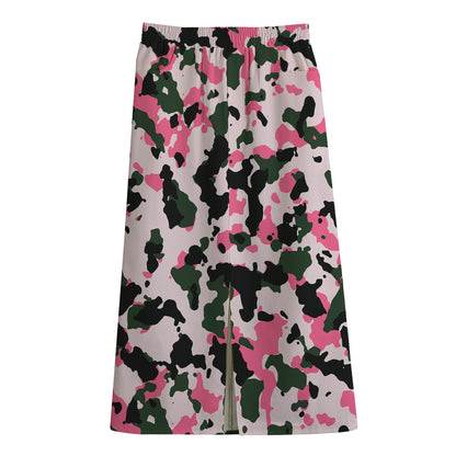 Pink Green And Black Camouflage Print Cotton Front Slit Maxi Skirt