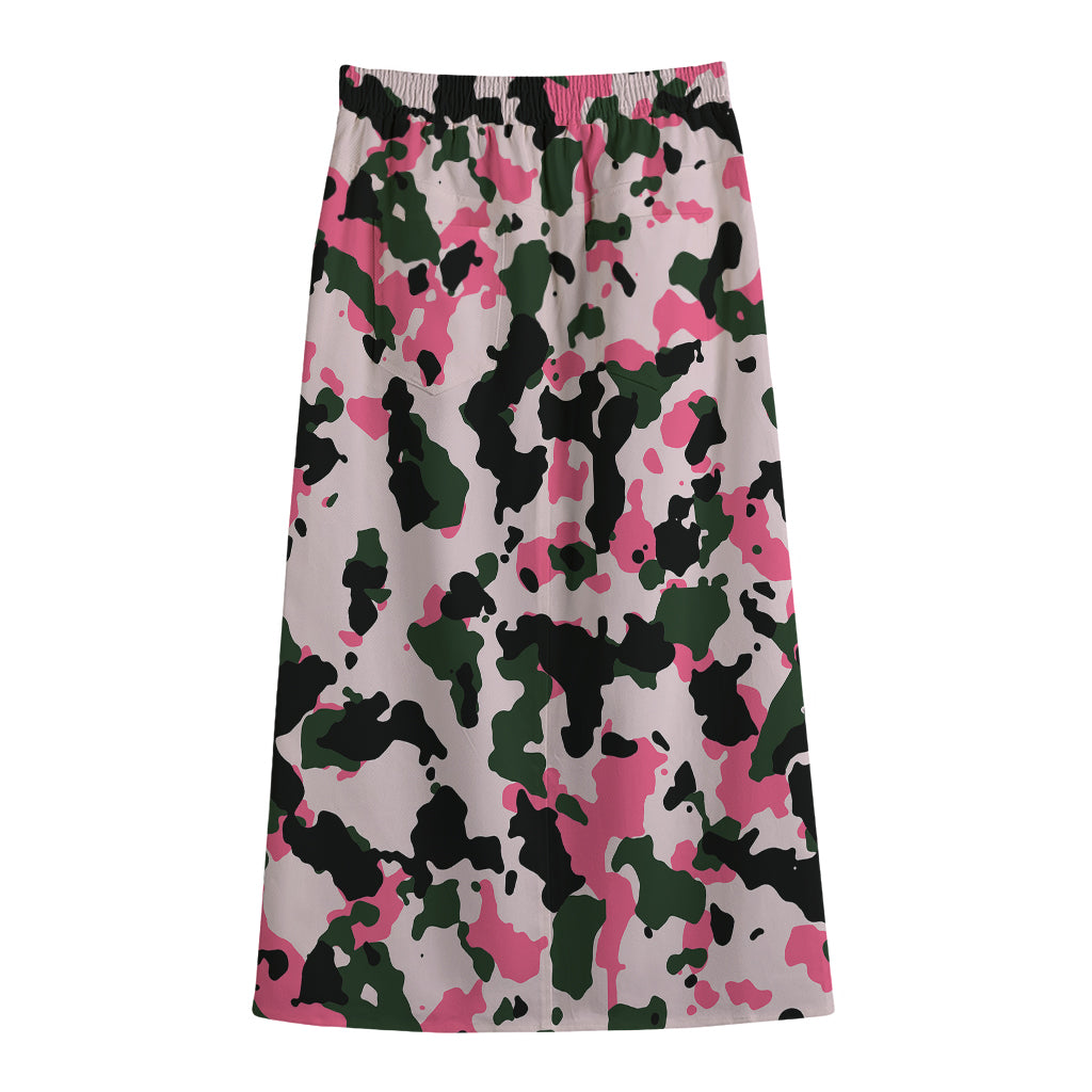 Pink Green And Black Camouflage Print Cotton Front Slit Maxi Skirt