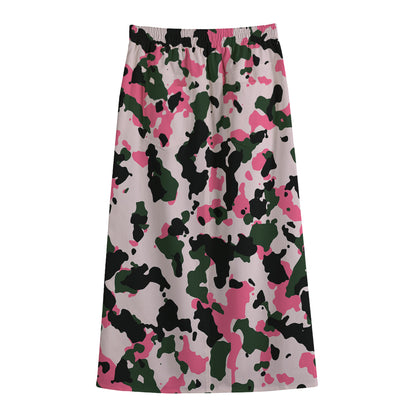 Pink Green And Black Camouflage Print Cotton Front Slit Maxi Skirt