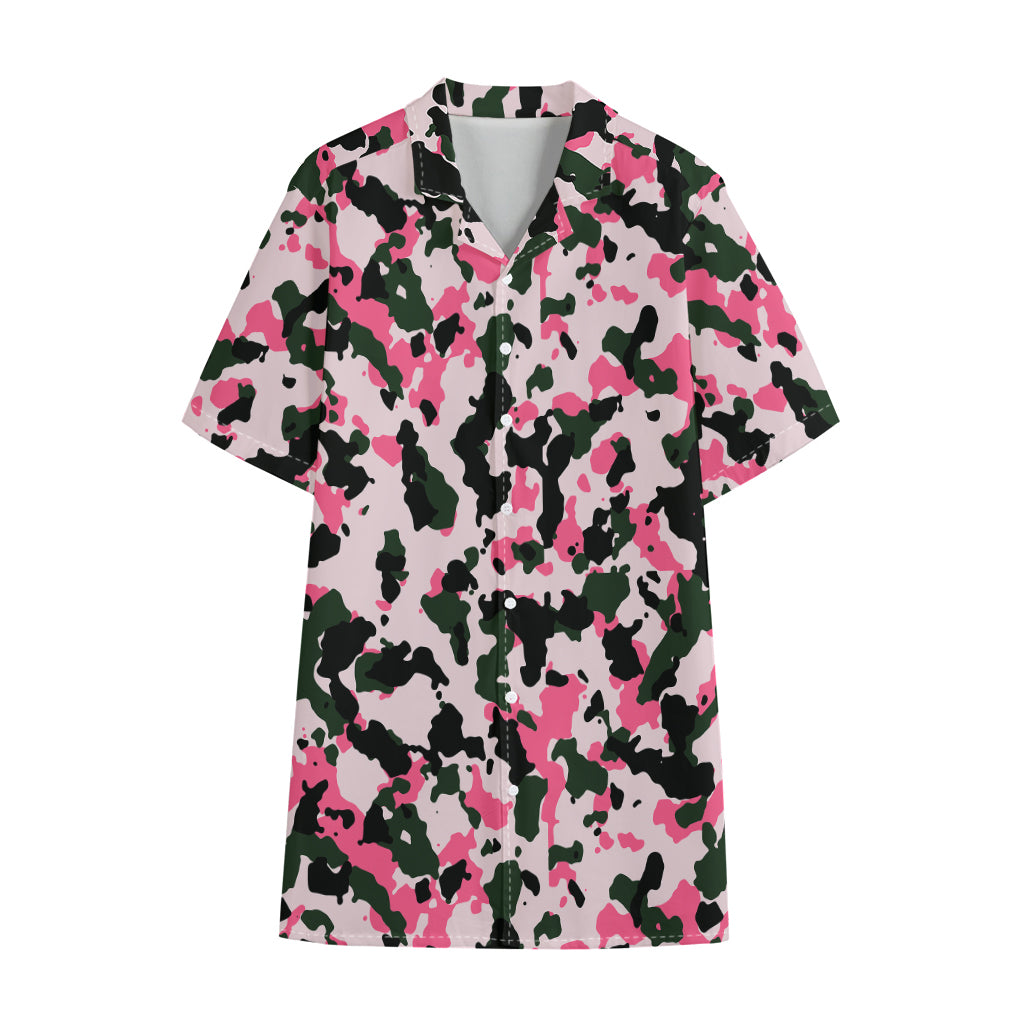 Pink Green And Black Camouflage Print Cotton Hawaiian Shirt