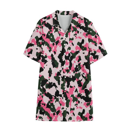 Pink Green And Black Camouflage Print Cotton Hawaiian Shirt