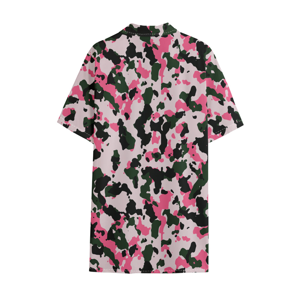 Pink Green And Black Camouflage Print Cotton Hawaiian Shirt