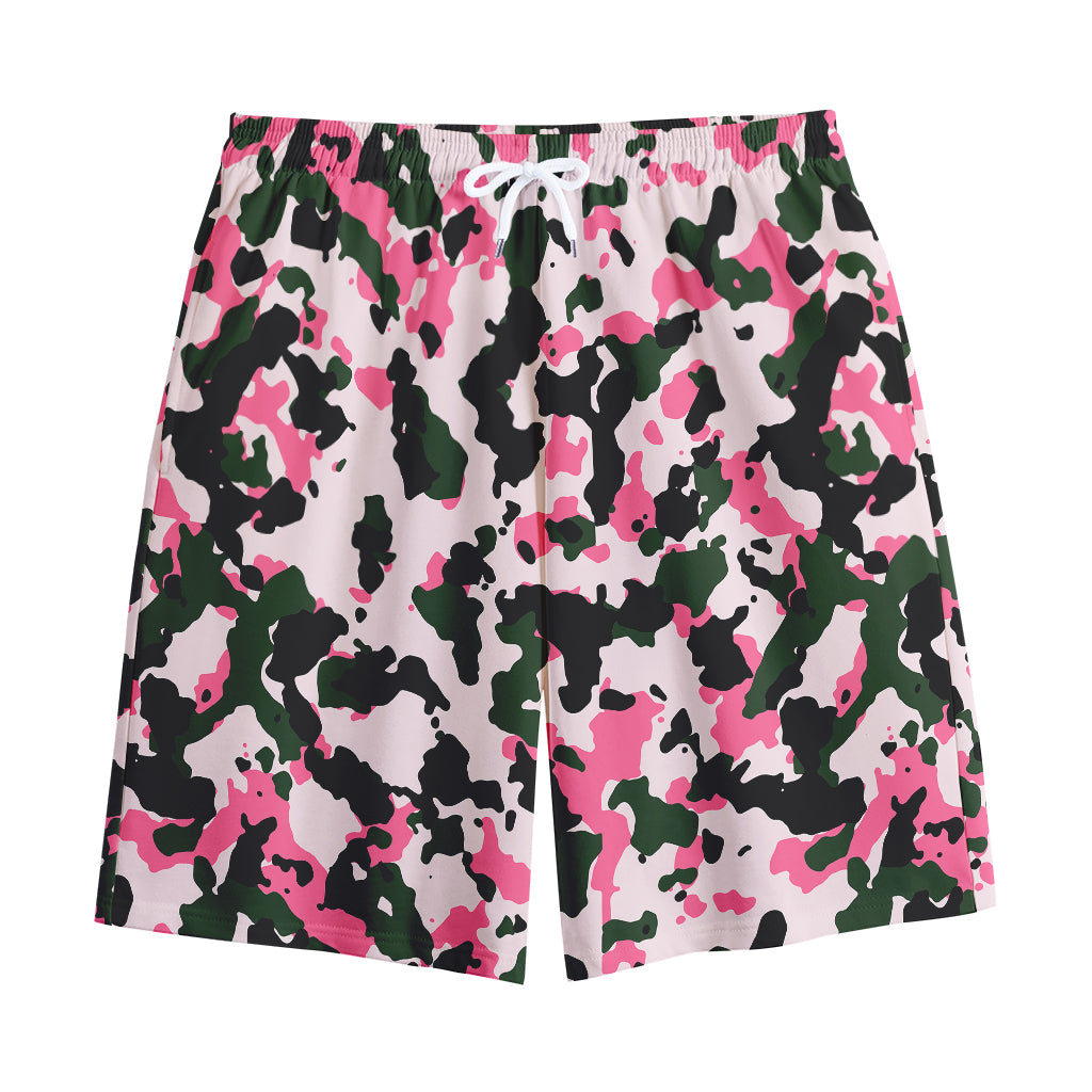 Pink Green And Black Camouflage Print Cotton Shorts