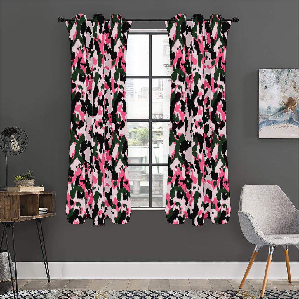 Pink Green And Black Camouflage Print Curtain