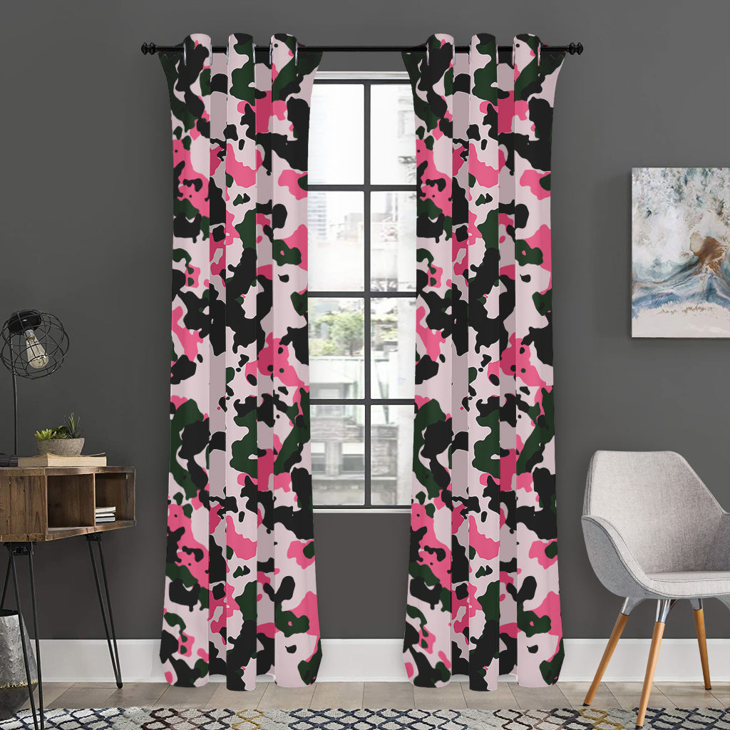 Pink Green And Black Camouflage Print Curtain