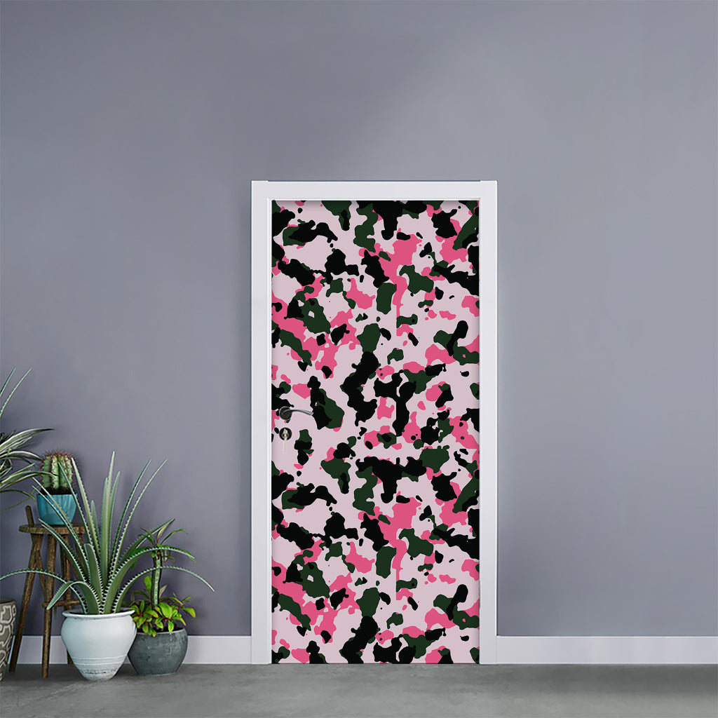 Pink Green And Black Camouflage Print Door Sticker