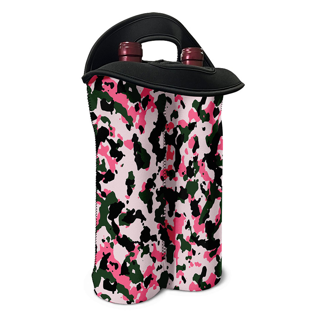 Pink Green And Black Camouflage Print Double Neoprene Wine Tote