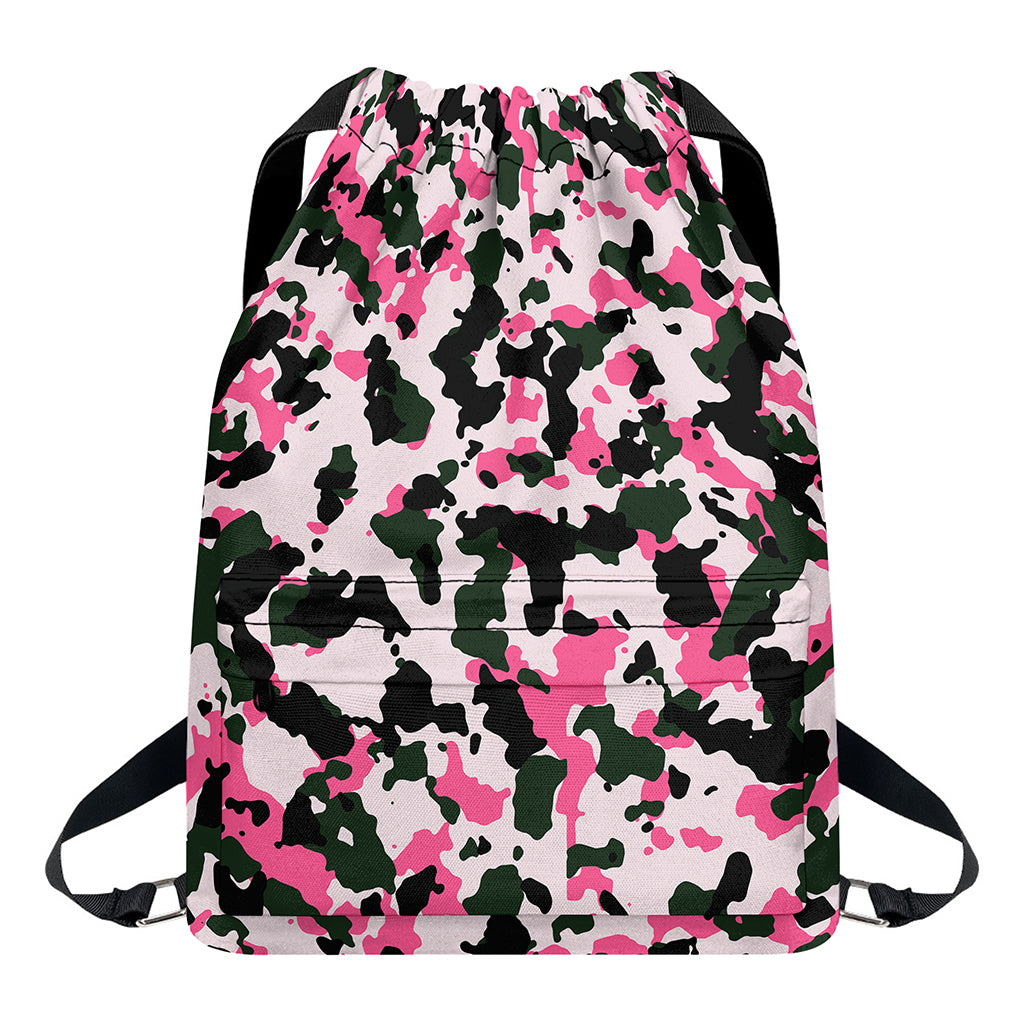 Pink Green And Black Camouflage Print Drawstring Backpack