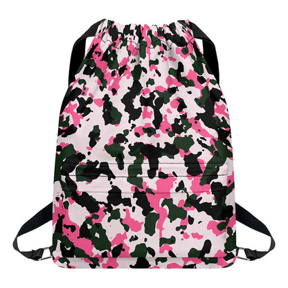 Pink Green And Black Camouflage Print Drawstring Backpack