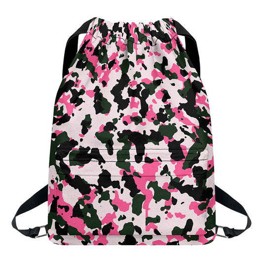 Pink Green And Black Camouflage Print Drawstring Backpack