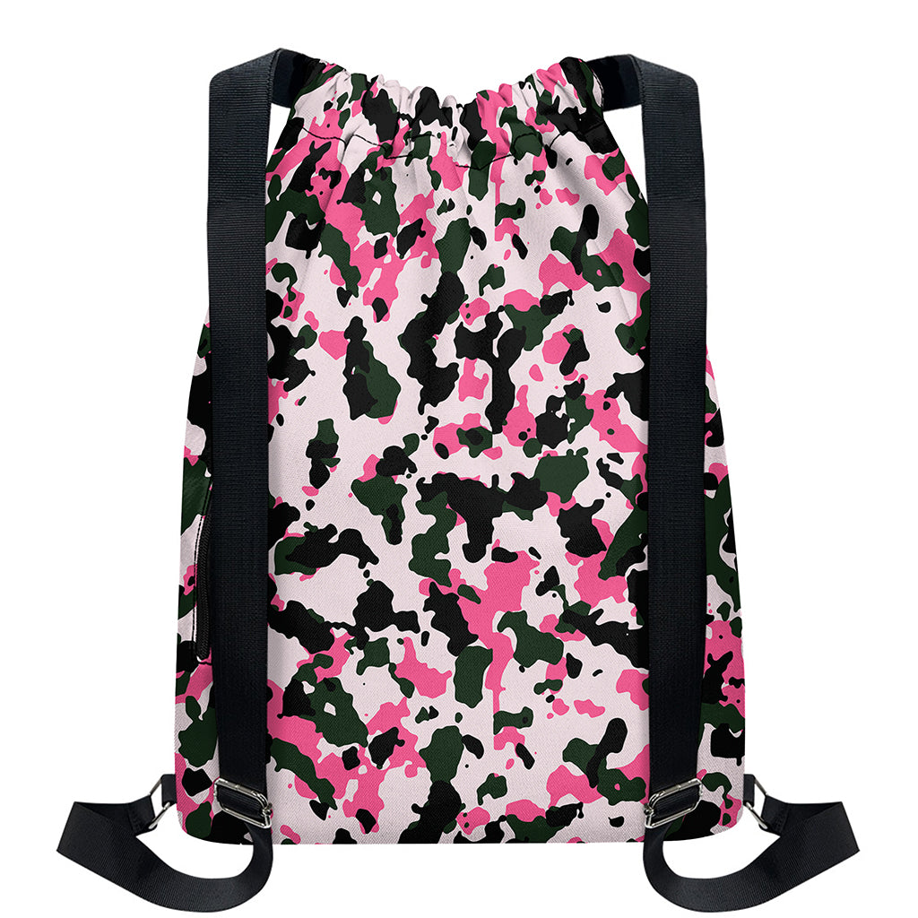 Pink Green And Black Camouflage Print Drawstring Backpack