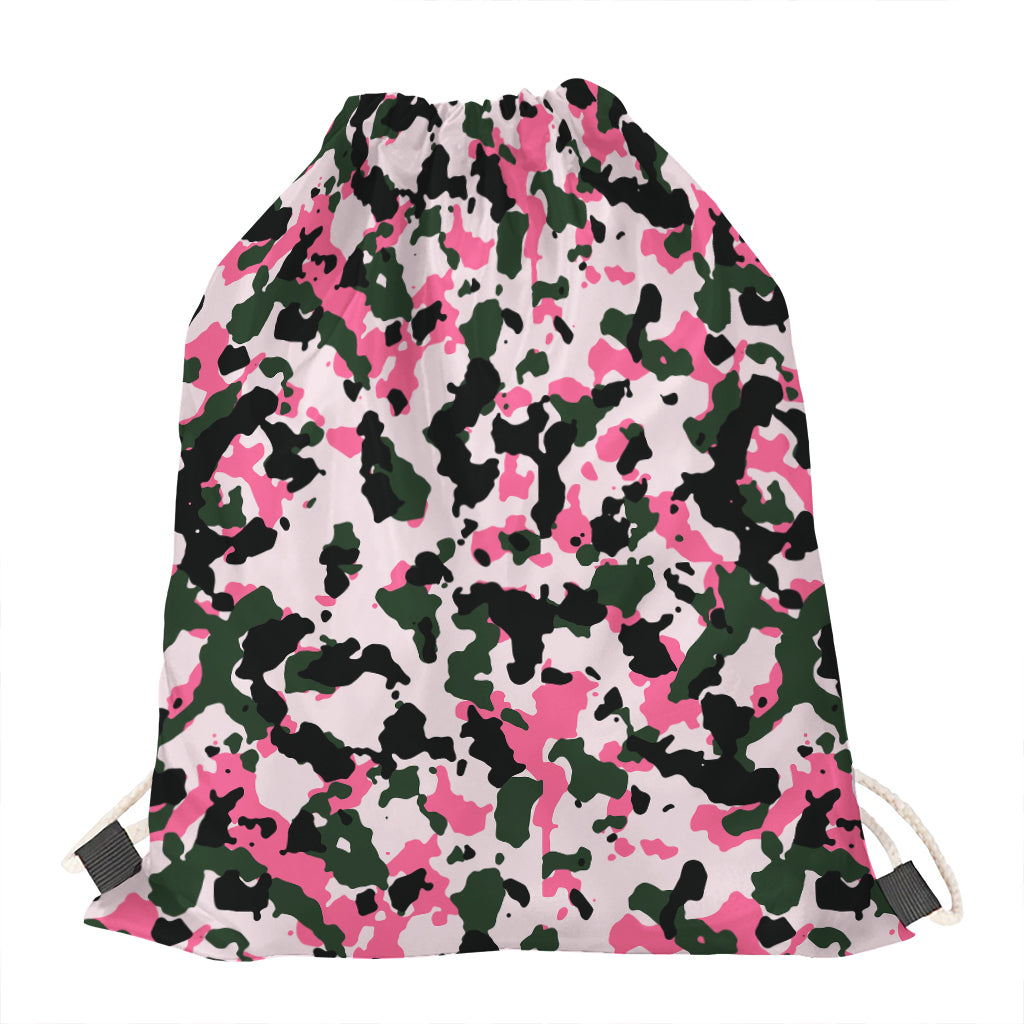 Pink Green And Black Camouflage Print Drawstring Bag