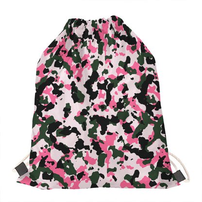 Pink Green And Black Camouflage Print Drawstring Bag