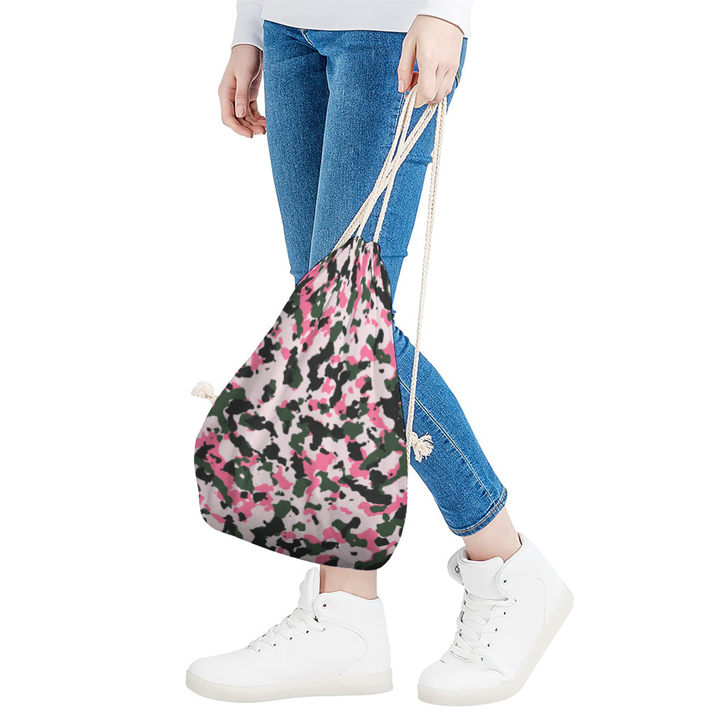Pink Green And Black Camouflage Print Drawstring Bag