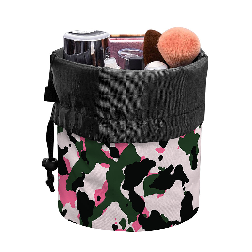 Pink Green And Black Camouflage Print Drawstring Makeup Bag