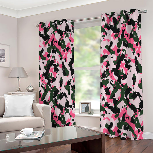 Pink Green And Black Camouflage Print Extra Wide Grommet Curtains