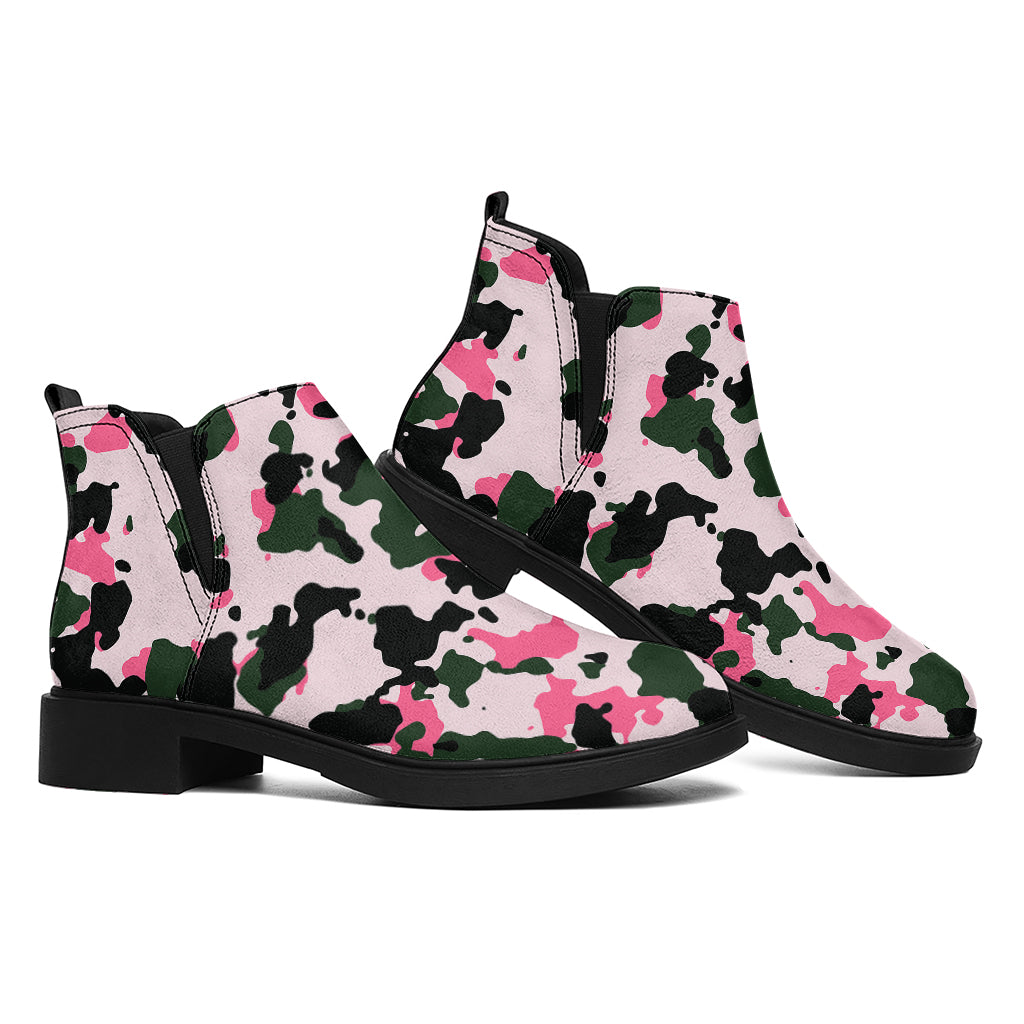 Pink Green And Black Camouflage Print Flat Ankle Boots
