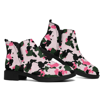 Pink Green And Black Camouflage Print Flat Ankle Boots