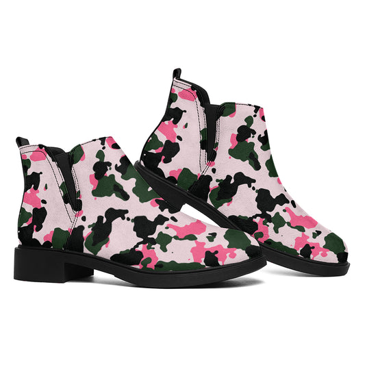 Pink Green And Black Camouflage Print Flat Ankle Boots