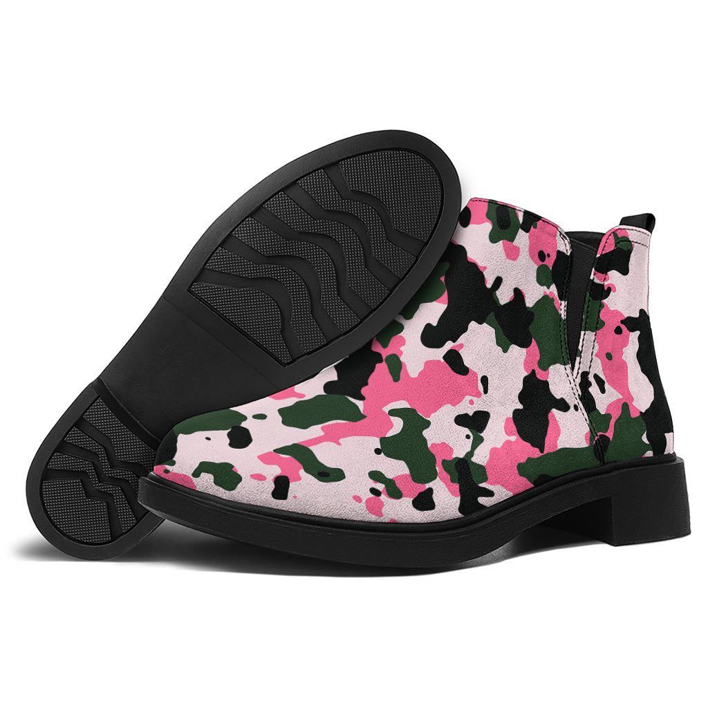 Pink Green And Black Camouflage Print Flat Ankle Boots