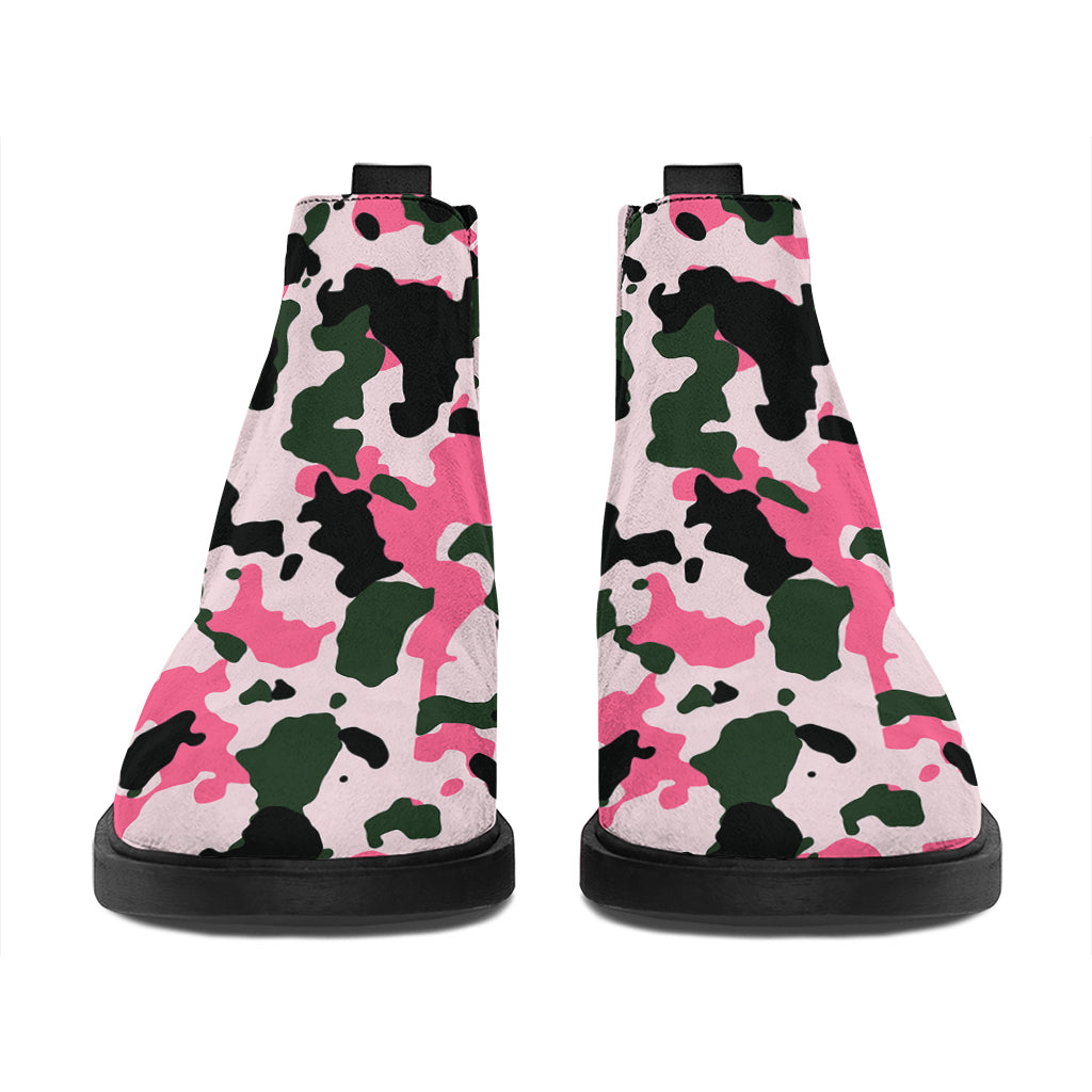 Pink Green And Black Camouflage Print Flat Ankle Boots