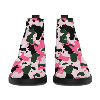 Pink Green And Black Camouflage Print Flat Ankle Boots