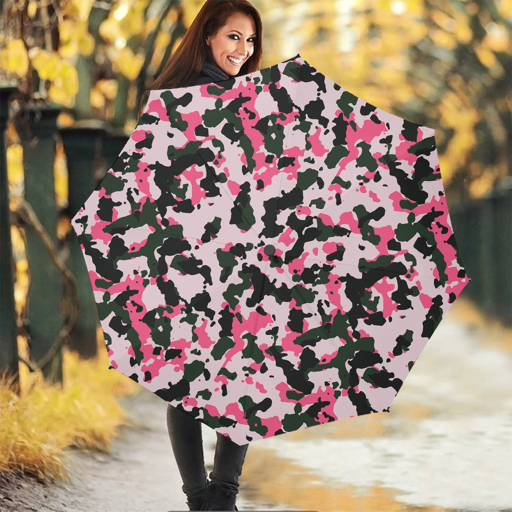 Pink Green And Black Camouflage Print Foldable Umbrella