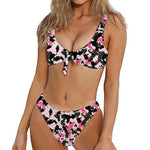 Pink Green And Black Camouflage Print Front Bow Tie Bikini