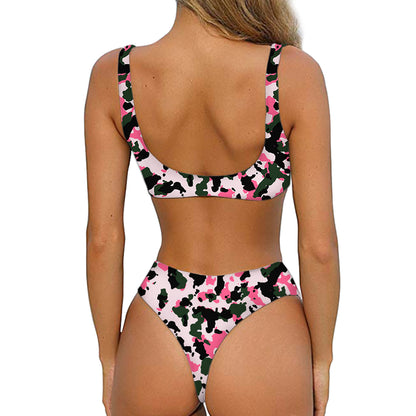 Pink Green And Black Camouflage Print Front Bow Tie Bikini