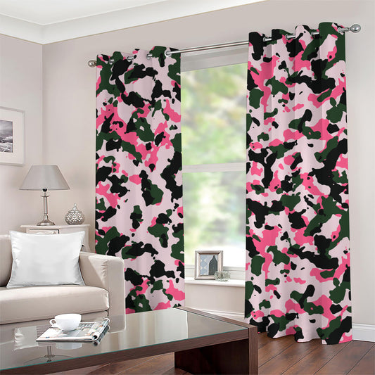 Pink Green And Black Camouflage Print Grommet Curtains
