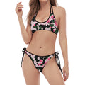 Pink Green And Black Camouflage Print Halter Scoop Tie Side Bikini