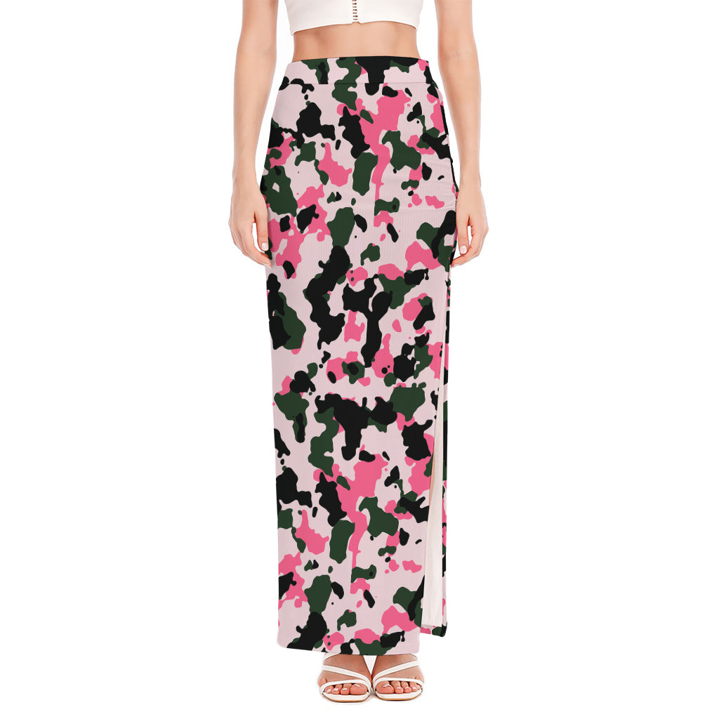 Pink Green And Black Camouflage Print High Slit Maxi Skirt