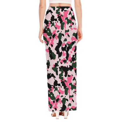 Pink Green And Black Camouflage Print High Slit Maxi Skirt