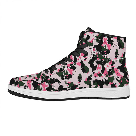 Pink Green And Black Camouflage Print High Top Leather Sneakers