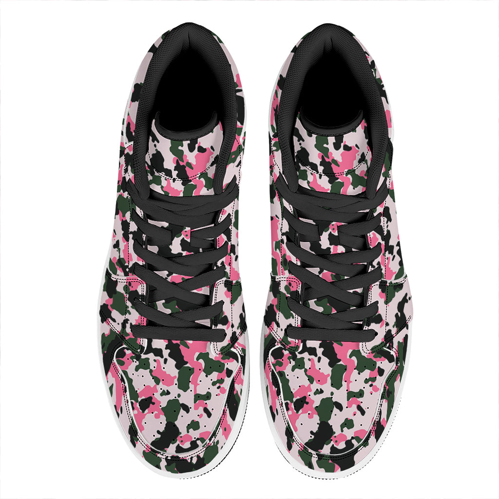 Pink Green And Black Camouflage Print High Top Leather Sneakers