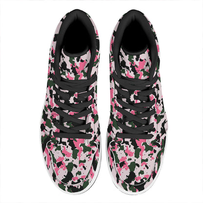 Pink Green And Black Camouflage Print High Top Leather Sneakers