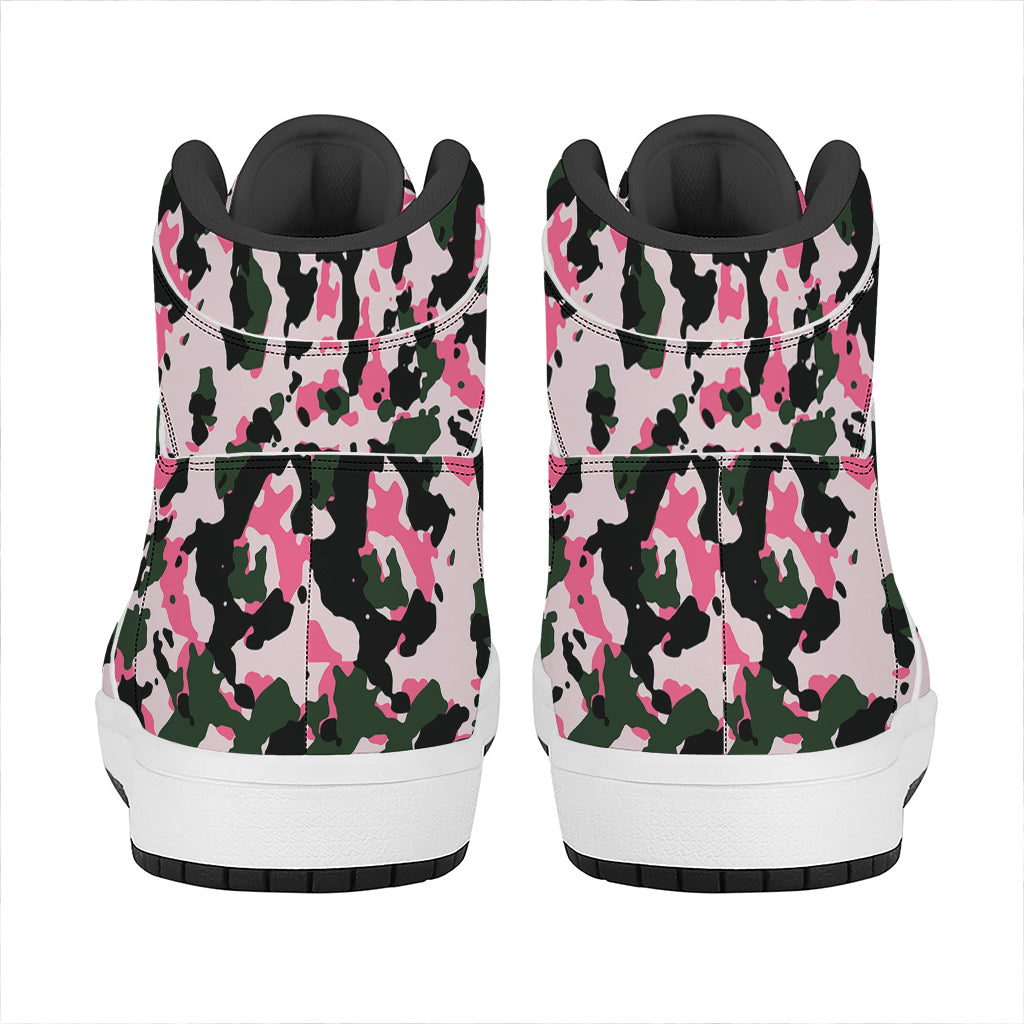 Pink Green And Black Camouflage Print High Top Leather Sneakers