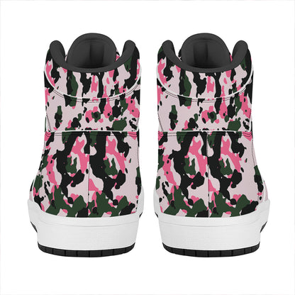 Pink Green And Black Camouflage Print High Top Leather Sneakers